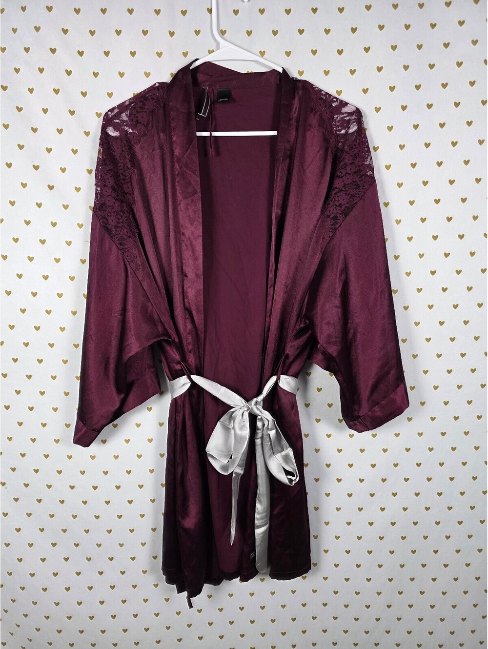 Victorias Secret Satin Silky Robe maroon Lounge Lace accent MEDIUM LARGE